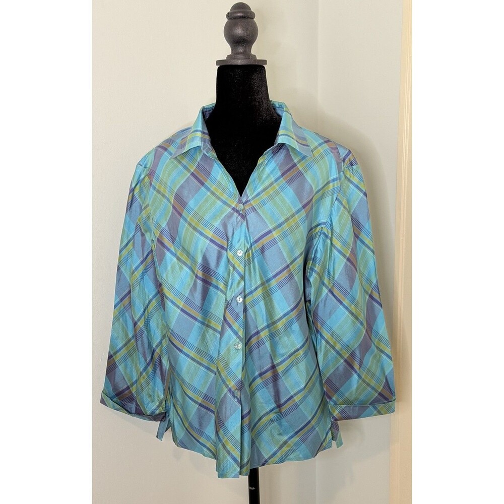 Anna and Frank 100% Silk Button Front Short Sleeve Plaid Blouse Shirt Size XL